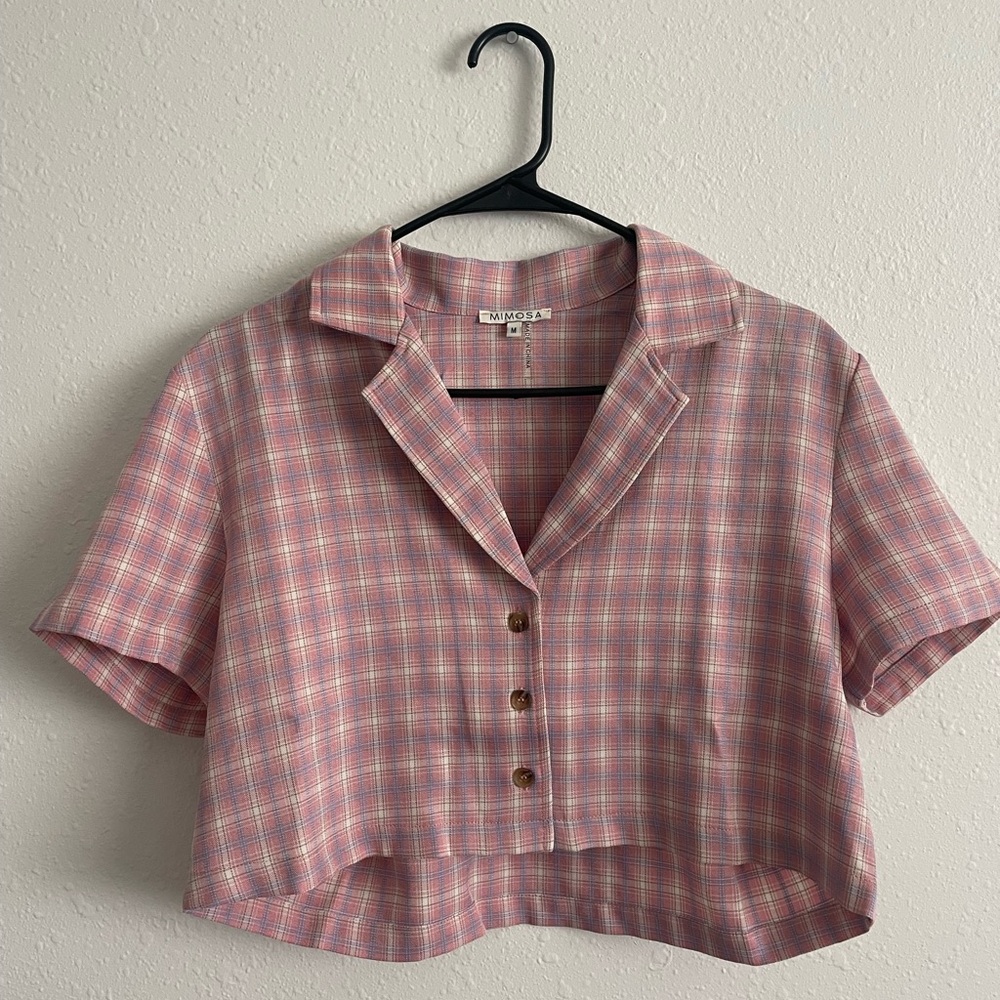 Pink Plaid Cropped Button Down Shirt